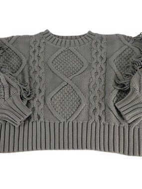Line & Dot Jasper Fringe Pullover Sweater Women's XS Charcoal Gray Cable Knit